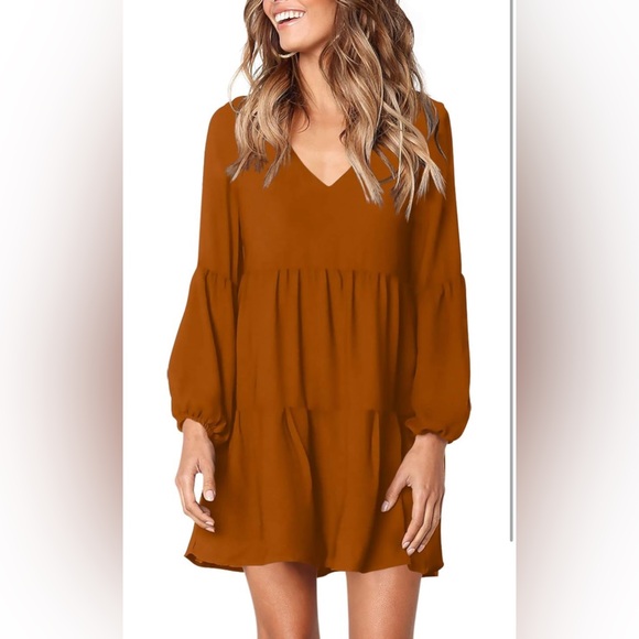 Long Sleeve Tunic Dress V Neck Swing Shift Dresses(Brown,Small) - Picture 1 of 3